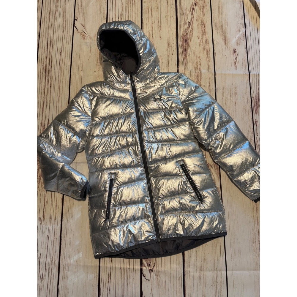 Under Armour ColdGear Girls Metallic Silver Puffer Jacket Hooded Parka YXL 18-20